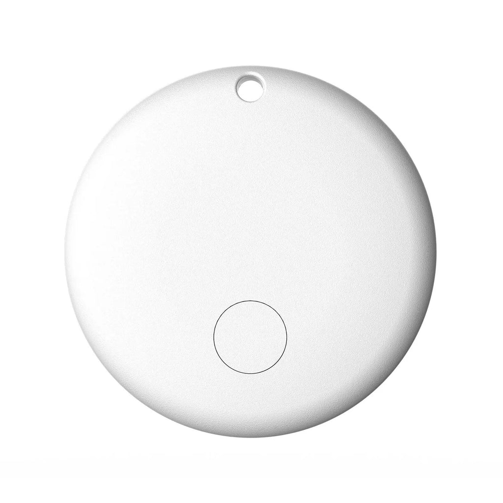 Round white pet tracker pod with hanging-loop hole and circular button