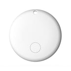 Round white pet tracker pod with hanging-loop hole and circular button