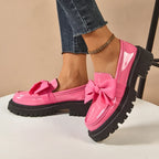 Novara | Chunky Platform Shoes for Women - Butterfly Bow High-Gloss Leather Trendy Fit-Women's Flats-Pink-4-Camoufit