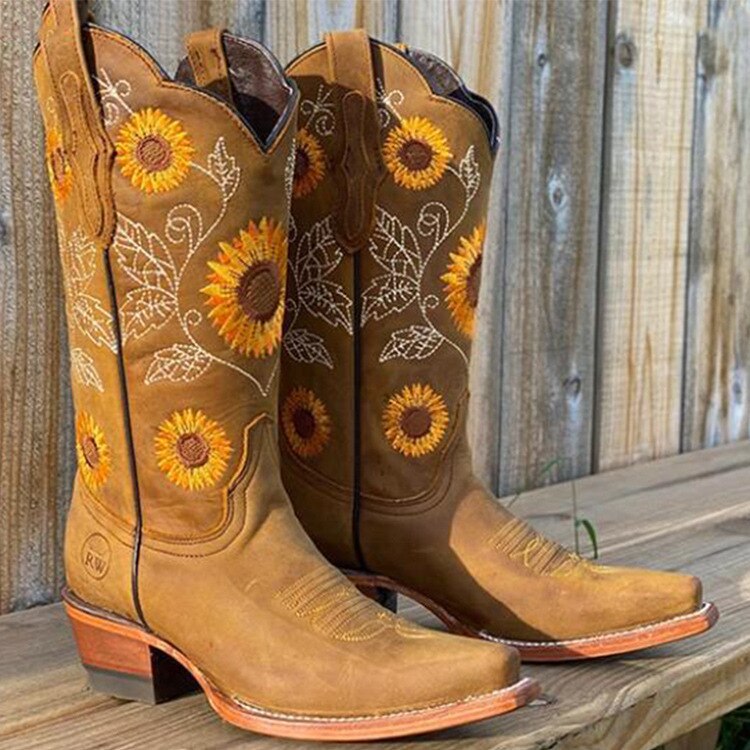Ēden | Women's Floral Block Heel Boots - Embroidered Ankle Booties with Side Zipper