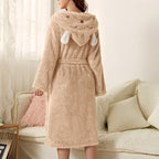 Beige plush robe with fox-hood ears and tied waist belt, back view