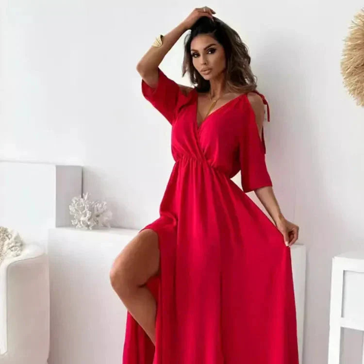 Rosavie | Cold Shoulder Maxi Dress for Women - V Neck Wrap Elasticated Slit Regular Fit-Dresses-Black-S-Camoufit