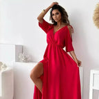 Rosavie | Cold Shoulder Maxi Dress for Women - V Neck Wrap Elasticated Slit Regular Fit-Dresses-Black-S-Camoufit