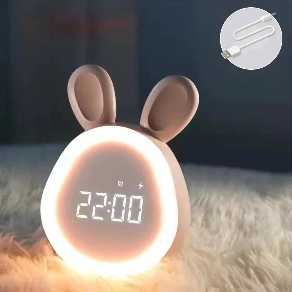 Pink bunny-shaped kids alarm clock with LED night light and digital time display