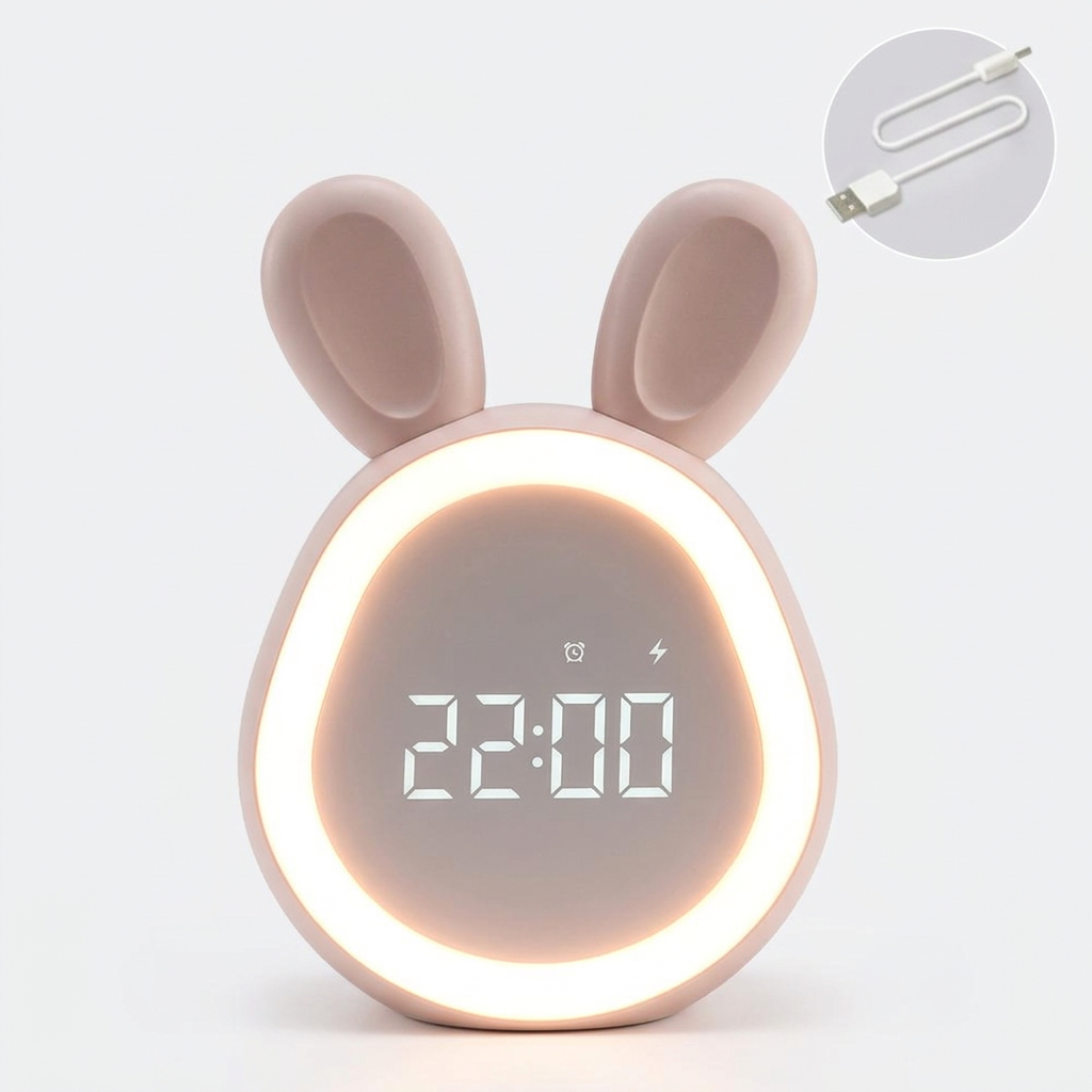 Pink bunny-shaped kids alarm clock with glowing LED ring and 22:00 digital display