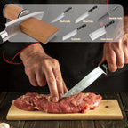 Rolling knife sharpener rolling on a board with knife blade held near the angle guide