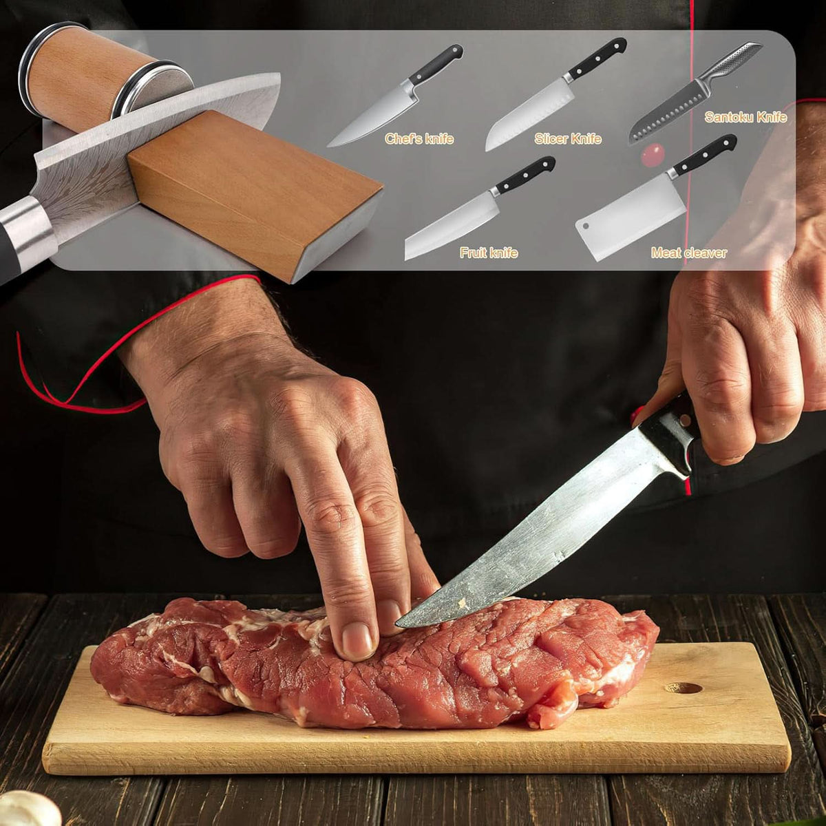 Rolling knife sharpener rolling on a board with knife blade held near the angle guide