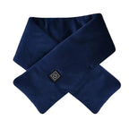 Dark blue heated neck warmer scarf with control button patch, cross-fold design.