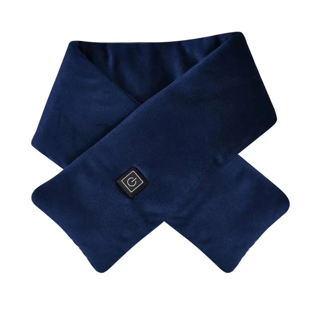 Dark blue heated neck warmer scarf with control button patch, cross-fold design.