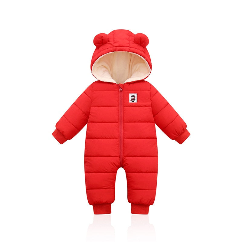 Red baby snowsuit with bear-ear hood, full-length front zipper, and fleece-lined opening