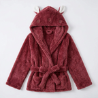 Red plush hooded robe with bunny ears, long sleeves and tie belt