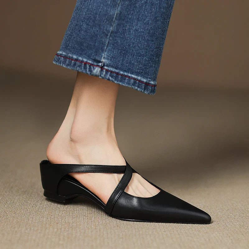Orelia | Women's Genuine Leather Pointed Toe Mules – Cross Strap Elegant Fit-Women's Flats-Maroon-4-