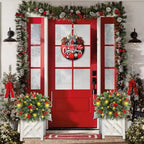 Lighted pine wreath planter insert with red accents and warm yellow LED lights near doorway