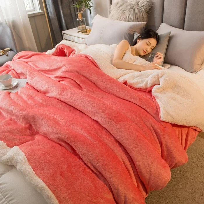 Coral pink double-sided flannel and fleece throw blanket with plush sherpa trim