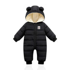 Infant black bear-eared snowsuit with hood and fleece lining, zip-front.