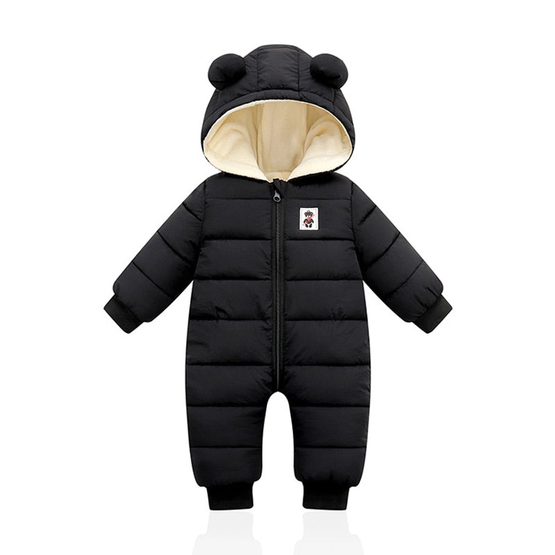 Infant black bear-eared snowsuit with hood and fleece lining, zip-front.