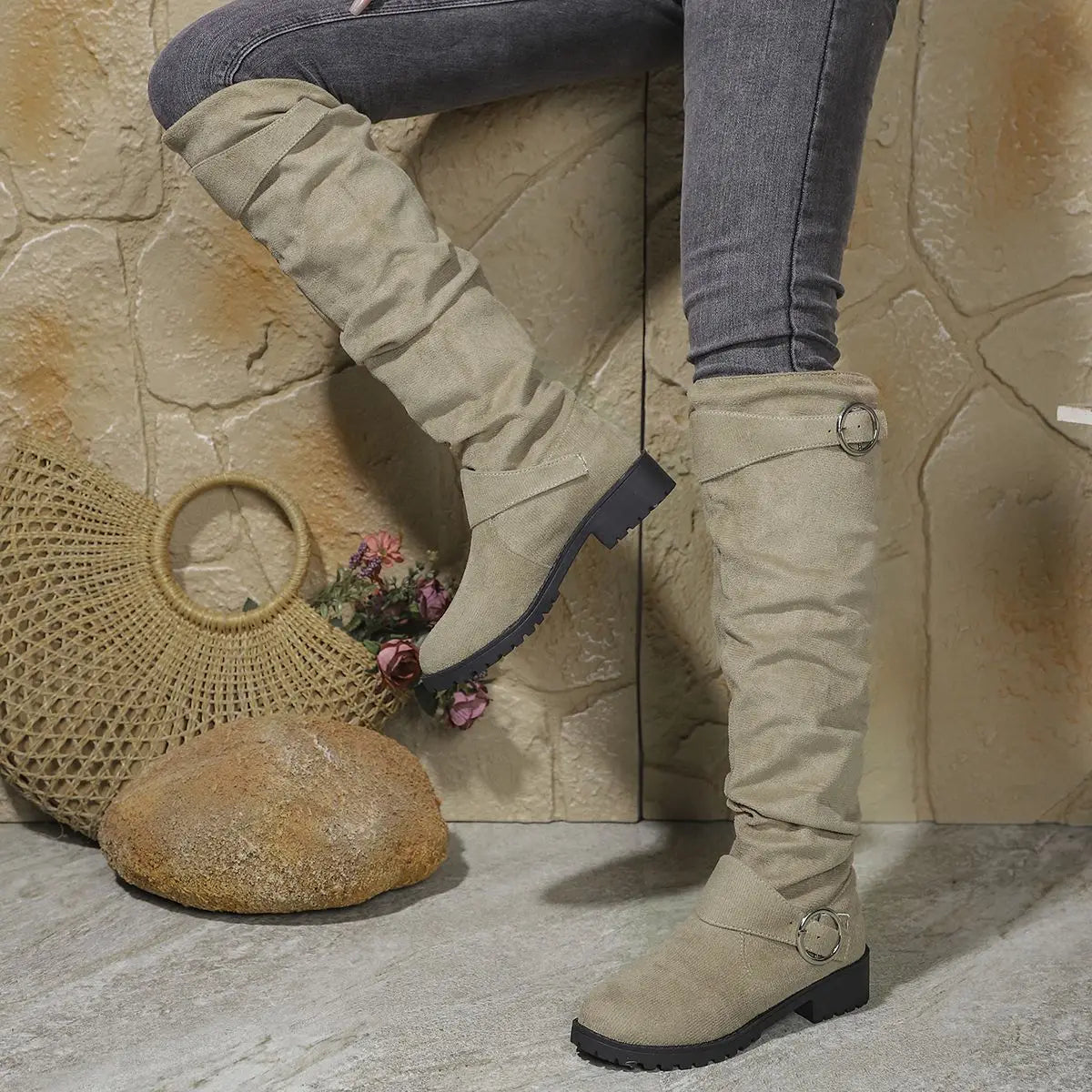 Dôre | Women's Knee High Boots - Low Block Heel Tall Boots with Ring Accent