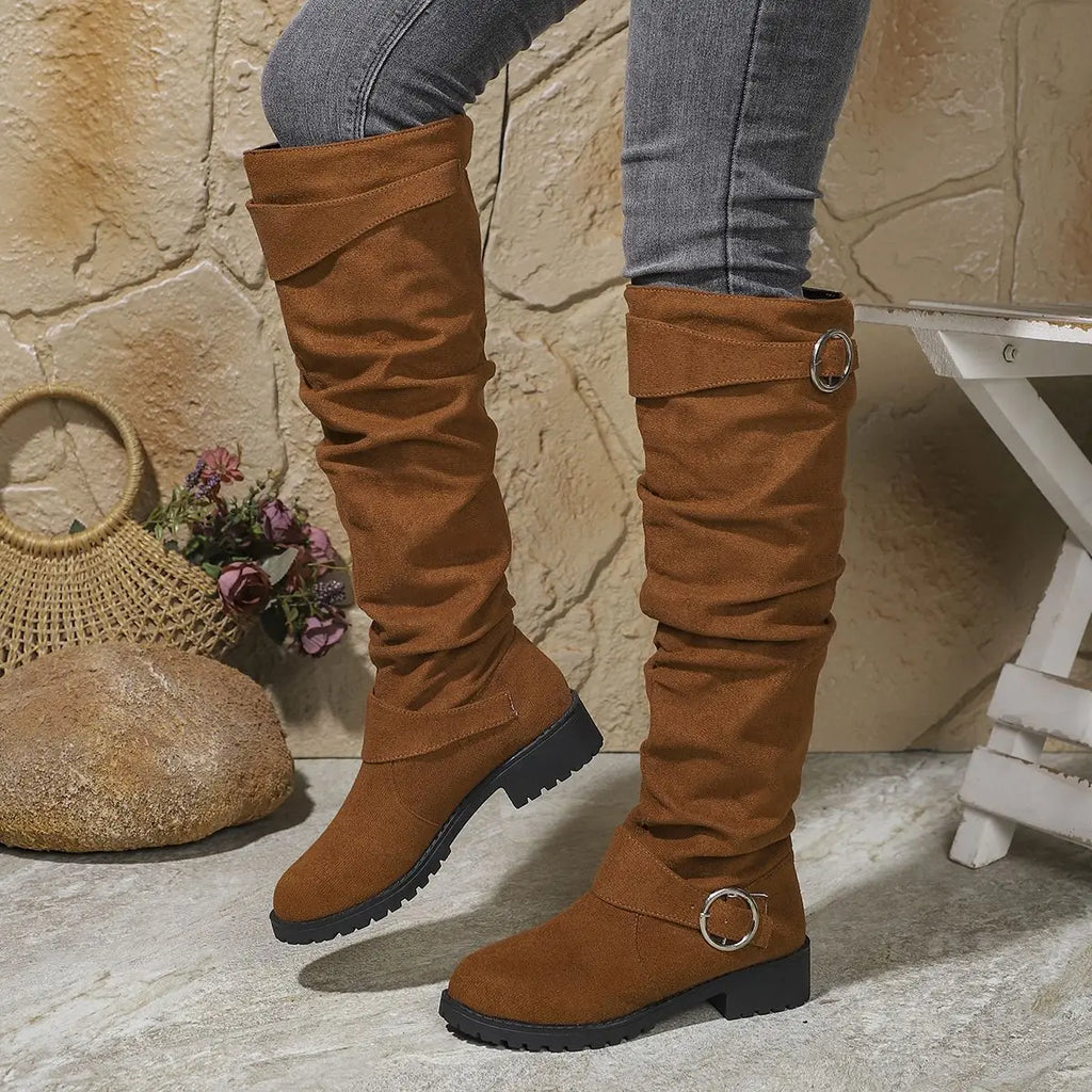 Dôre | Women's Knee High Boots - Low Block Heel Tall Boots with Ring Accent