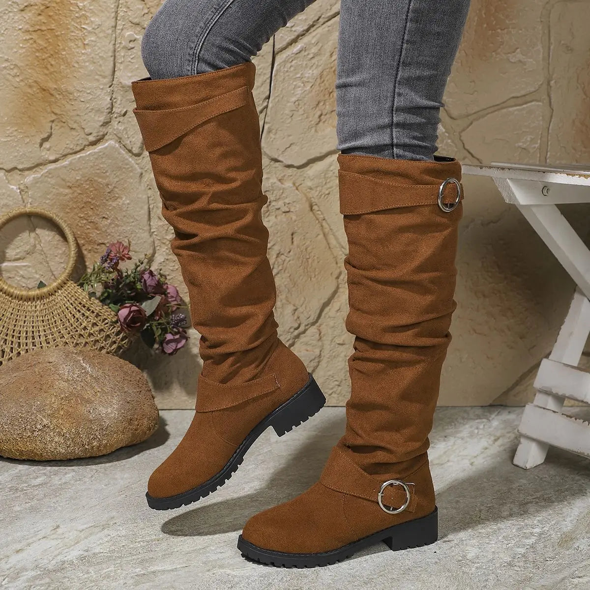 Dôre | Women's Knee High Boots - Low Block Heel Tall Boots with Ring Accent