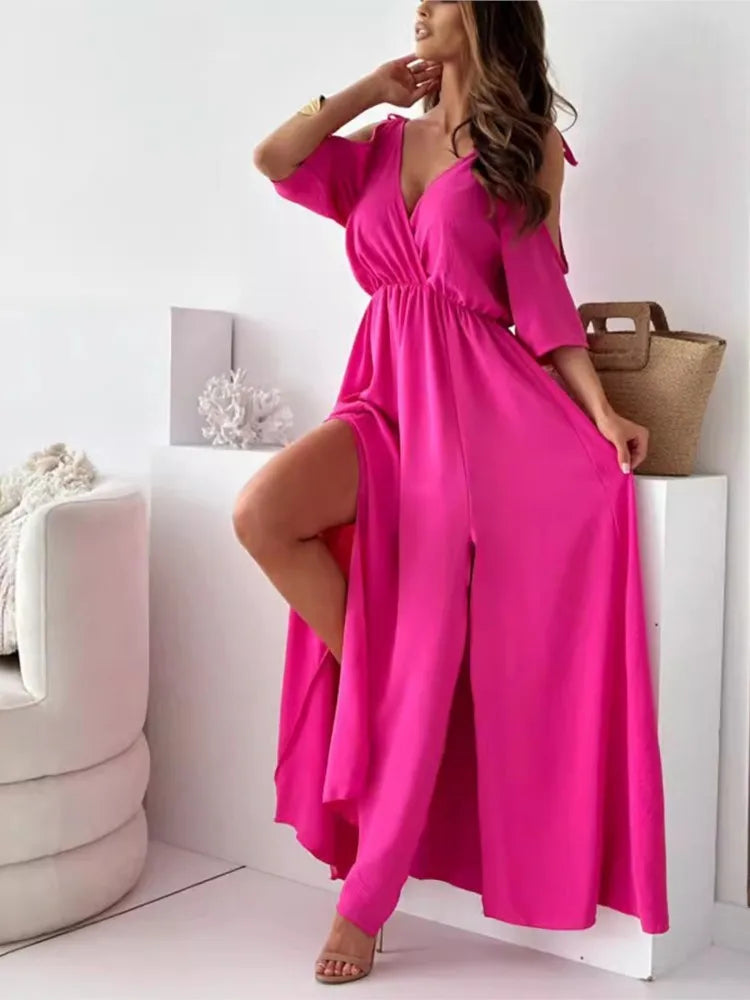 Rosavie | Cold Shoulder Maxi Dress for Women - V Neck Wrap Elasticated Slit Regular Fit-Dresses-Pink-S-Camoufit