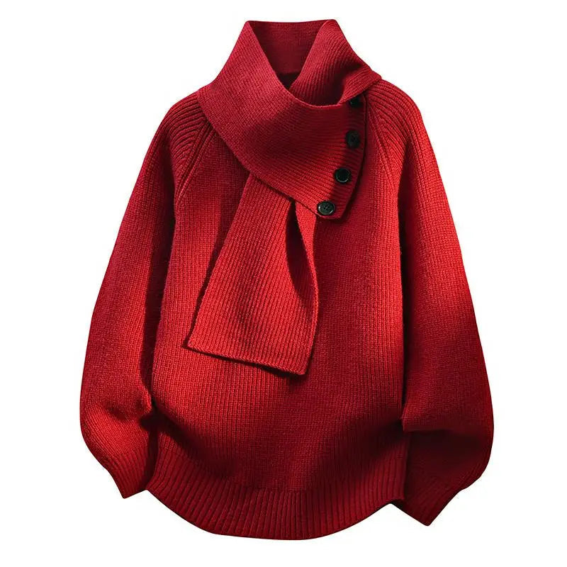 Women’s red knit sweater with attached scarf-style neckline and black button detail