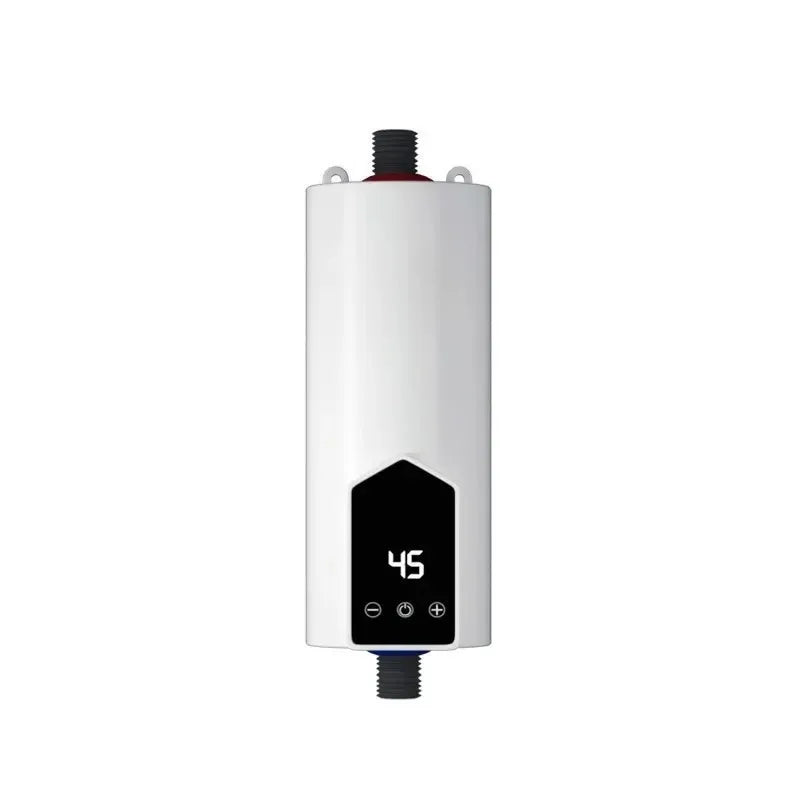Instant electric water heater: front view white tankless unit with black LED display showing 45