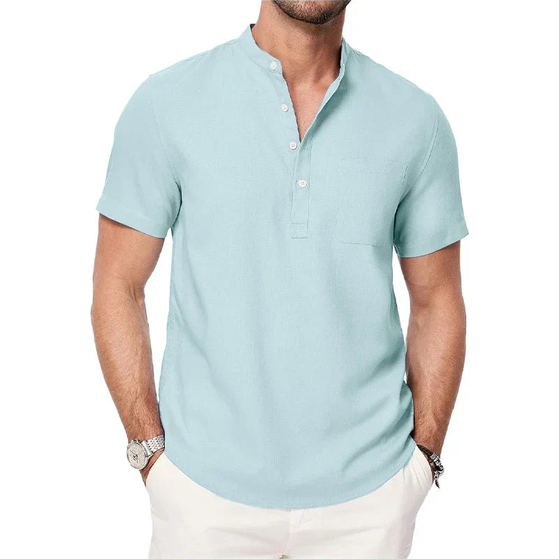 Cazaro | Henley Shirt for Men - Short Sleeve Grandad Collar Chest Pocket Regular Summer Fit-Men's Henley Shirt-Light Blue-S-Camoufit