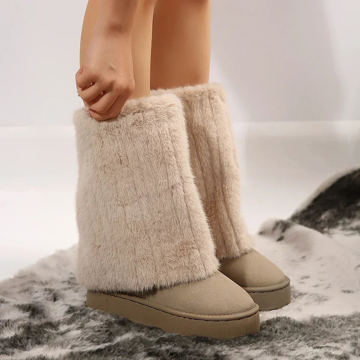 Women’s tall platform boots, plush beige shafts with chunky lug soles