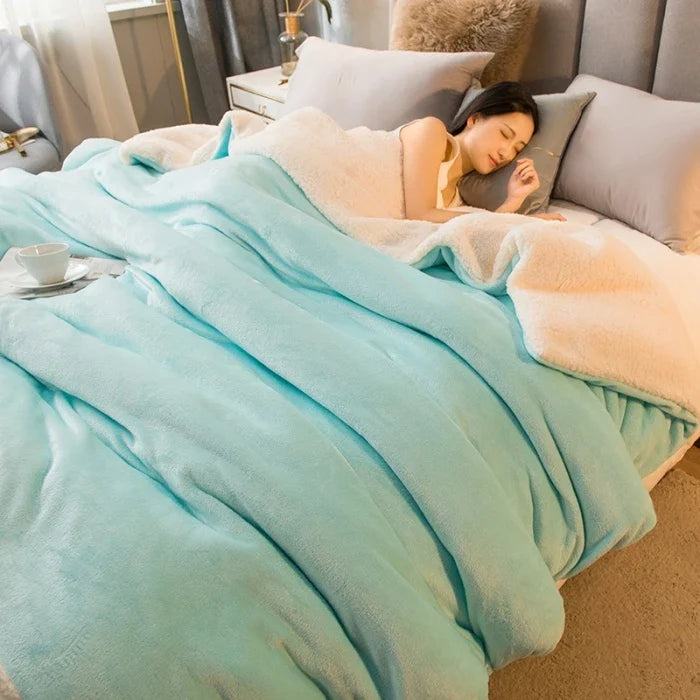 Light teal double-sided flannel and fleece throw blanket with plush sherpa trim