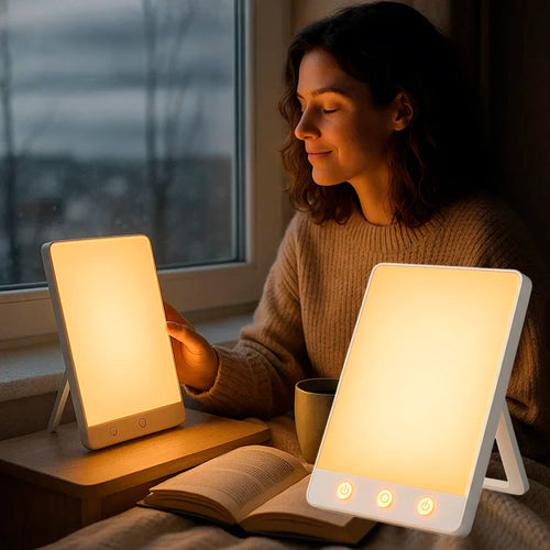 Portable LED daylight lamp with illuminated panel, touch controls, and angled stand