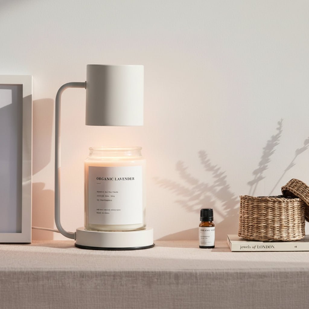 White electric candle warmer lamp with curved handle and glass jar candle on base