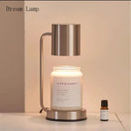 Metal electric candle warmer lamp with stainless shade and glass jar candle on base