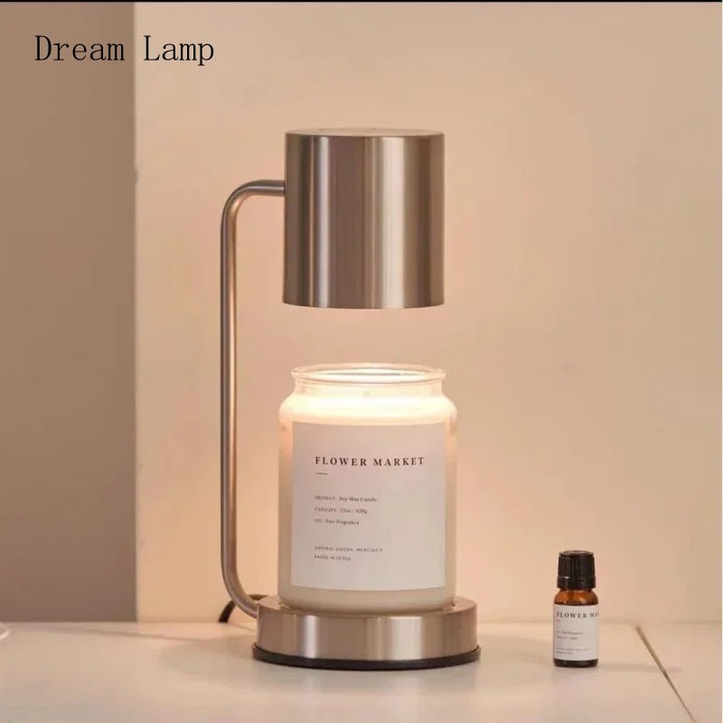 Metal electric candle warmer lamp with stainless shade and glass jar candle on base