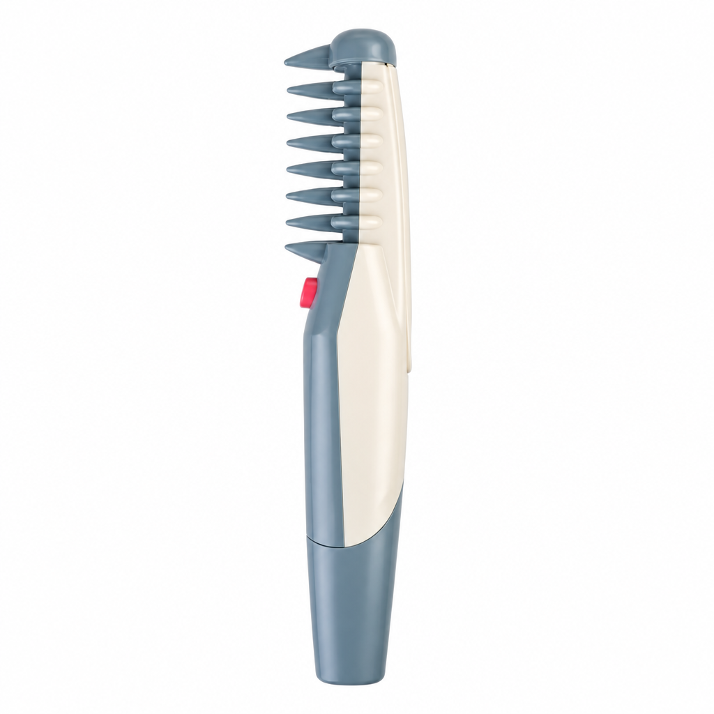 Cordless pet grooming trimmer with cream and blue handle, comb teeth guard
