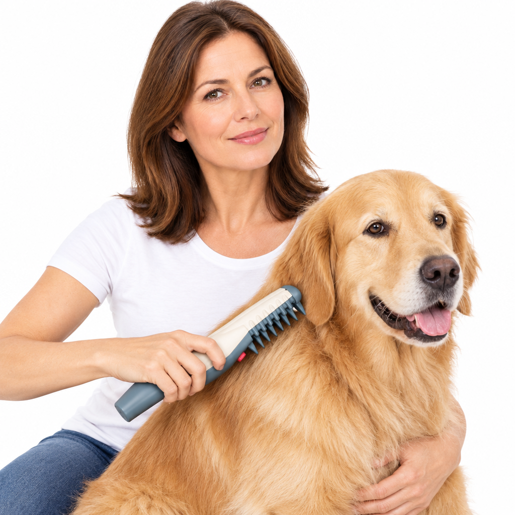 Cordless pet grooming trimmer with blade, held while grooming a golden dog.