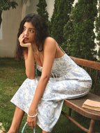 Women's French Print Midi Sundress with Lace-Up Straps Corset Bodice Elastic Waist Slim Fit-Dresses-White-S-