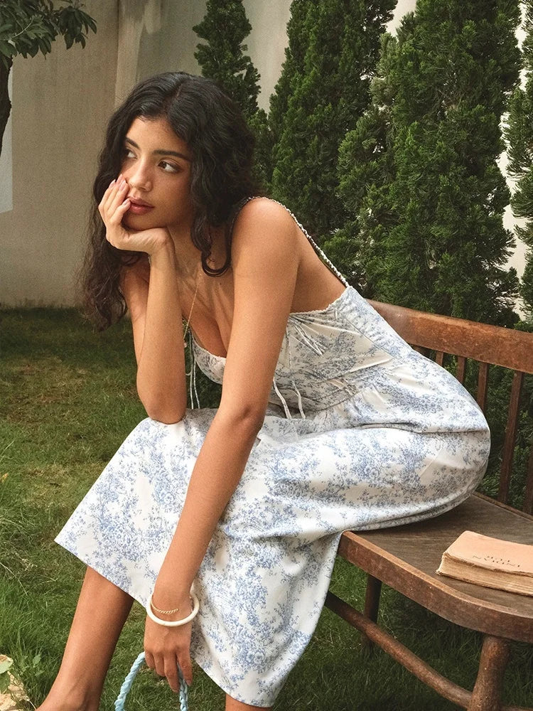 Women's French Print Midi Sundress with Lace-Up Straps Corset Bodice Elastic Waist Slim Fit-Dresses-White-S-