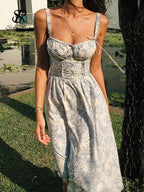 Women's French Print Midi Sundress with Lace-Up Straps Corset Bodice Elastic Waist Slim Fit-Dresses-White-S-