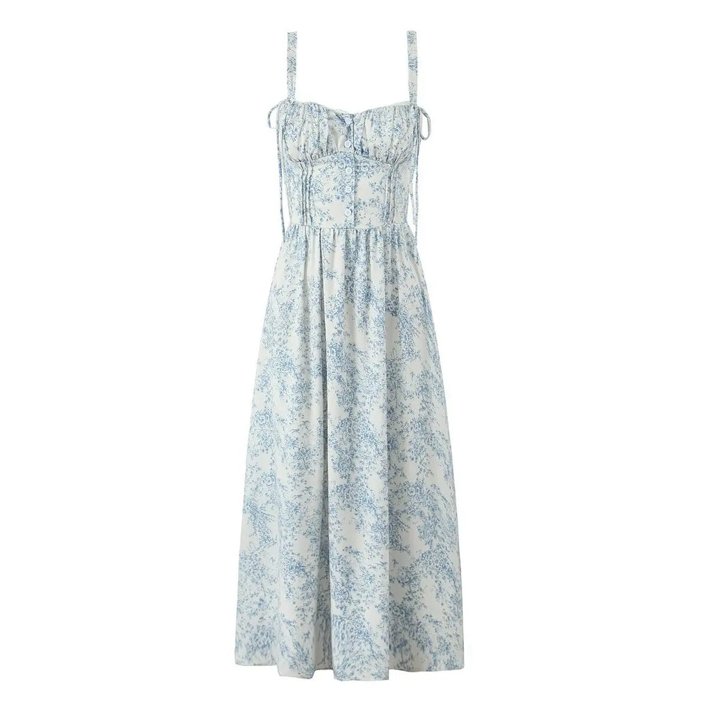 Women's French Print Midi Sundress with Lace-Up Straps Corset Bodice Elastic Waist Slim Fit-Dresses-Blue-S-