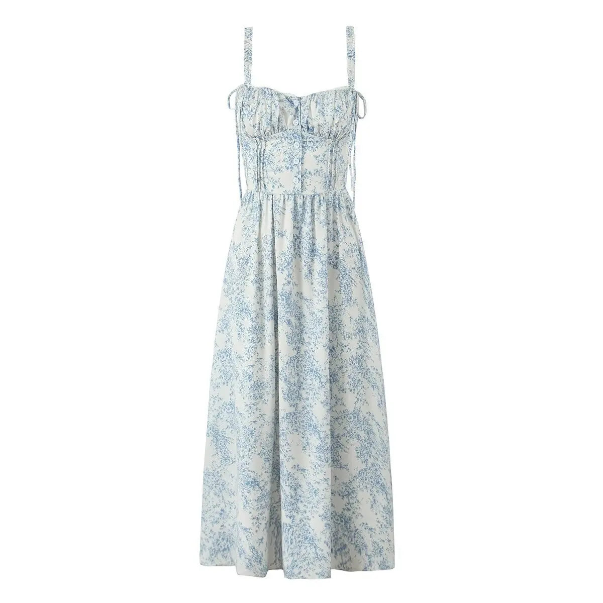 Women's French Print Midi Sundress with Lace-Up Straps Corset Bodice Elastic Waist Slim Fit-Dresses-Blue-S-