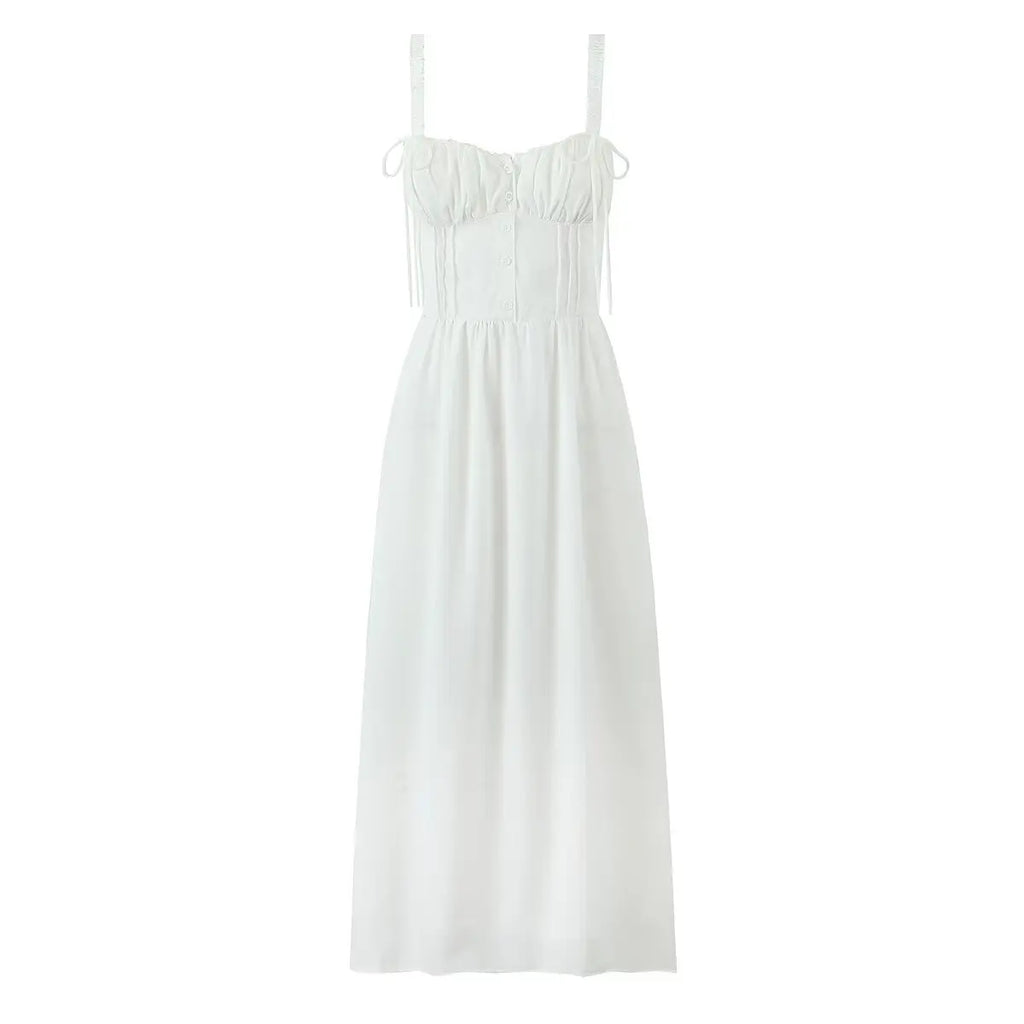 Women's French Print Midi Sundress with Lace-Up Straps Corset Bodice Elastic Waist Slim Fit-Dresses-White-S-