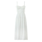 Women's French Print Midi Sundress with Lace-Up Straps Corset Bodice Elastic Waist Slim Fit-Dresses-White-S-