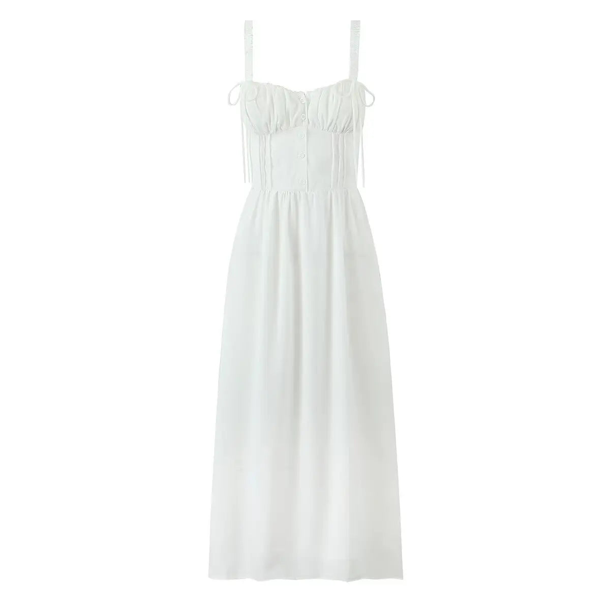 Women's French Print Midi Sundress with Lace-Up Straps Corset Bodice Elastic Waist Slim Fit-Dresses-White-S-