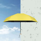 Compact travel umbrella, open yellow canopy with water droplets
