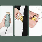 Compact travel umbrella, folded yellow with wrist strap in hand
