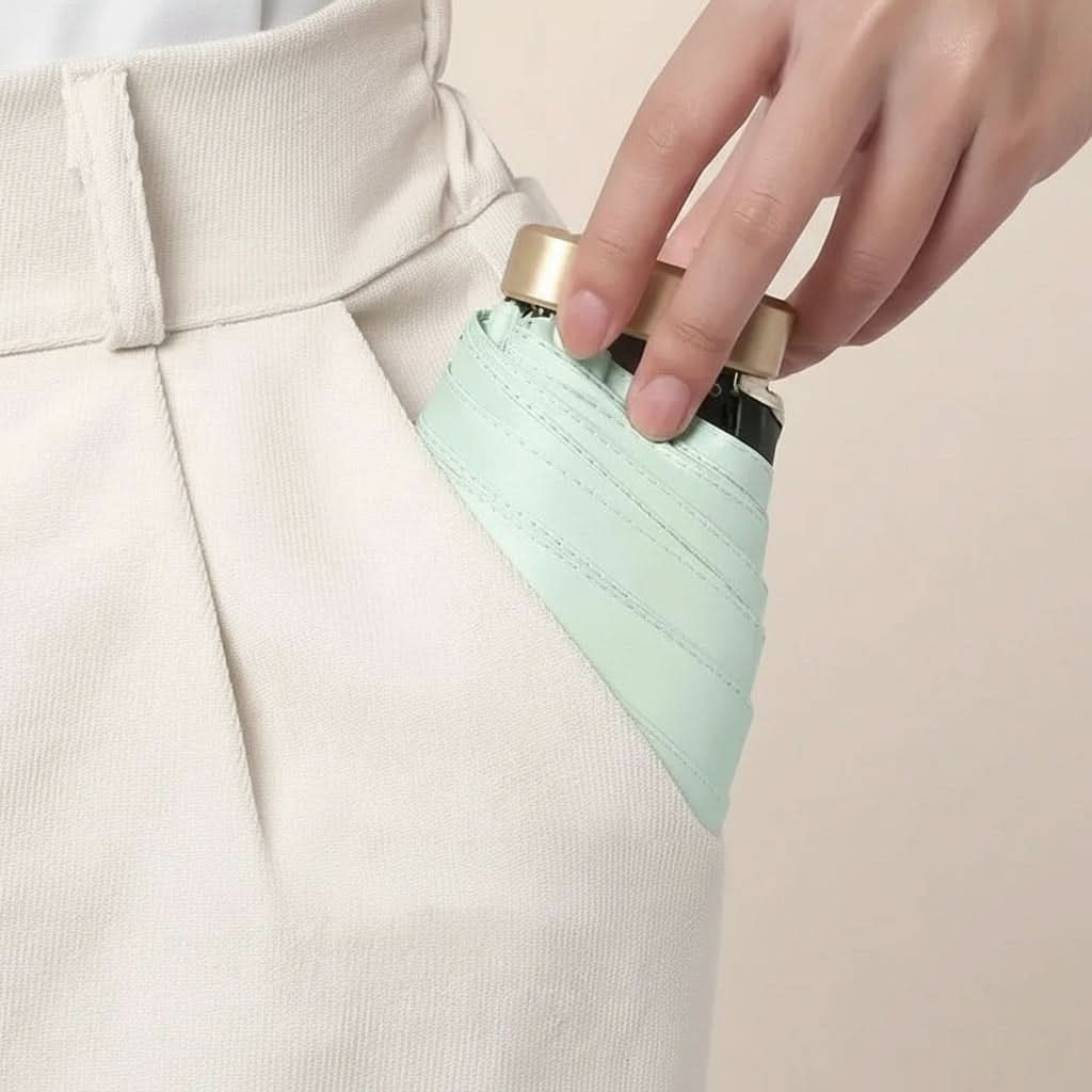 Compact travel umbrella, mint green folded umbrella clipped into a pocket