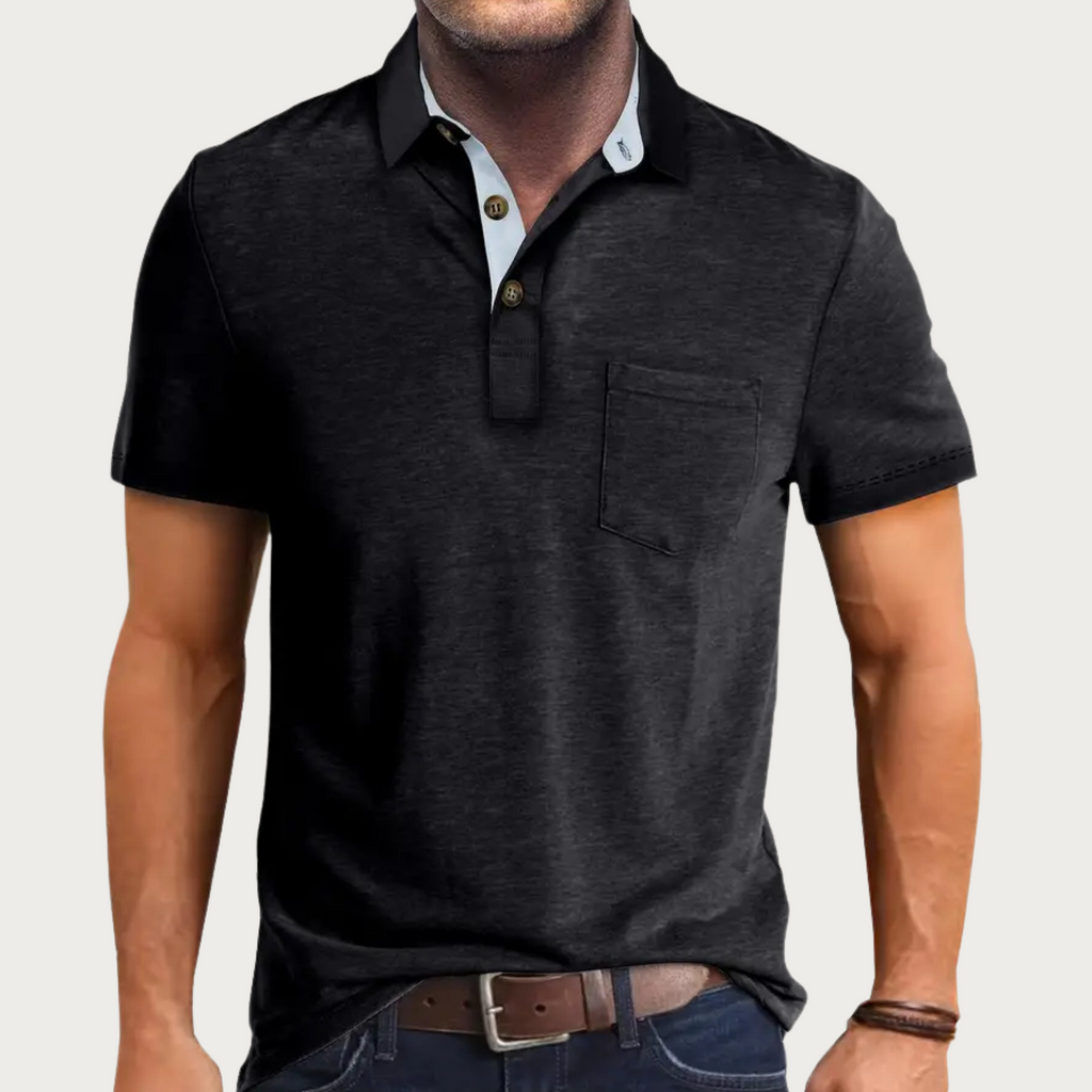 Trevio | Polo Shirt for Men - Short Sleeve Three Button Chest Pocket Cotton Regular Summer Fit-Polo Shirt-Black-S-Camoufit
