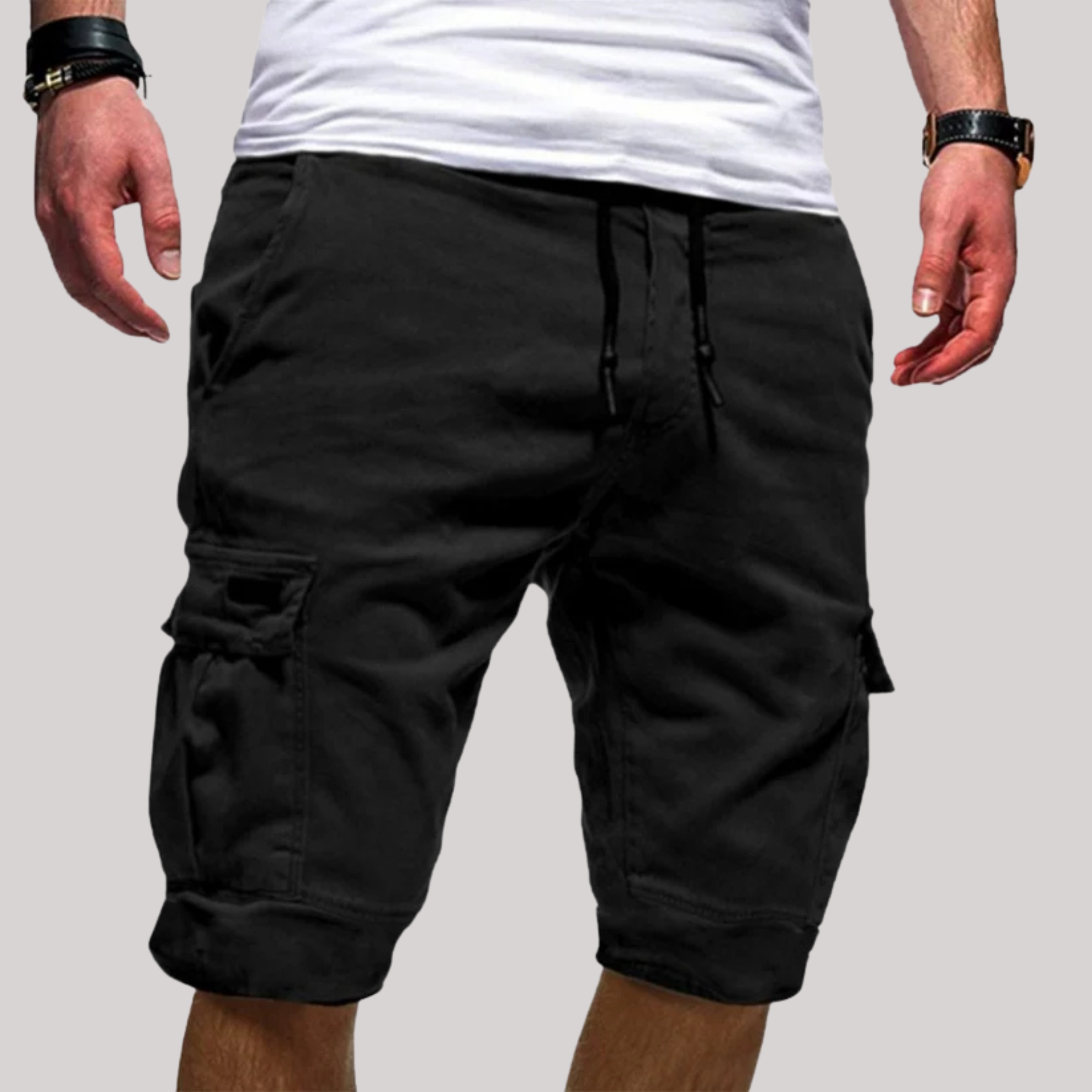 Casaro | Cargo Shorts for Men - Stretchable Drawstring Waist Regular Casual Summer Fit-Men's Shorts-Black-M-Camoufit