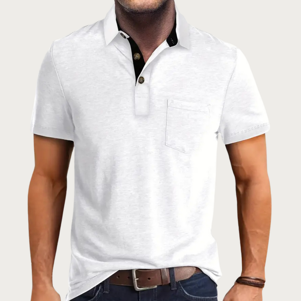 Trevio | Polo Shirt for Men - Short Sleeve Three Button Chest Pocket Cotton Regular Summer Fit-Polo Shirt-White-S-Camoufit