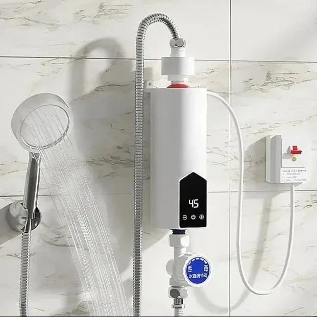 Instant electric water heater: white shower-mounted tankless unit with hose, pipes, and indicator